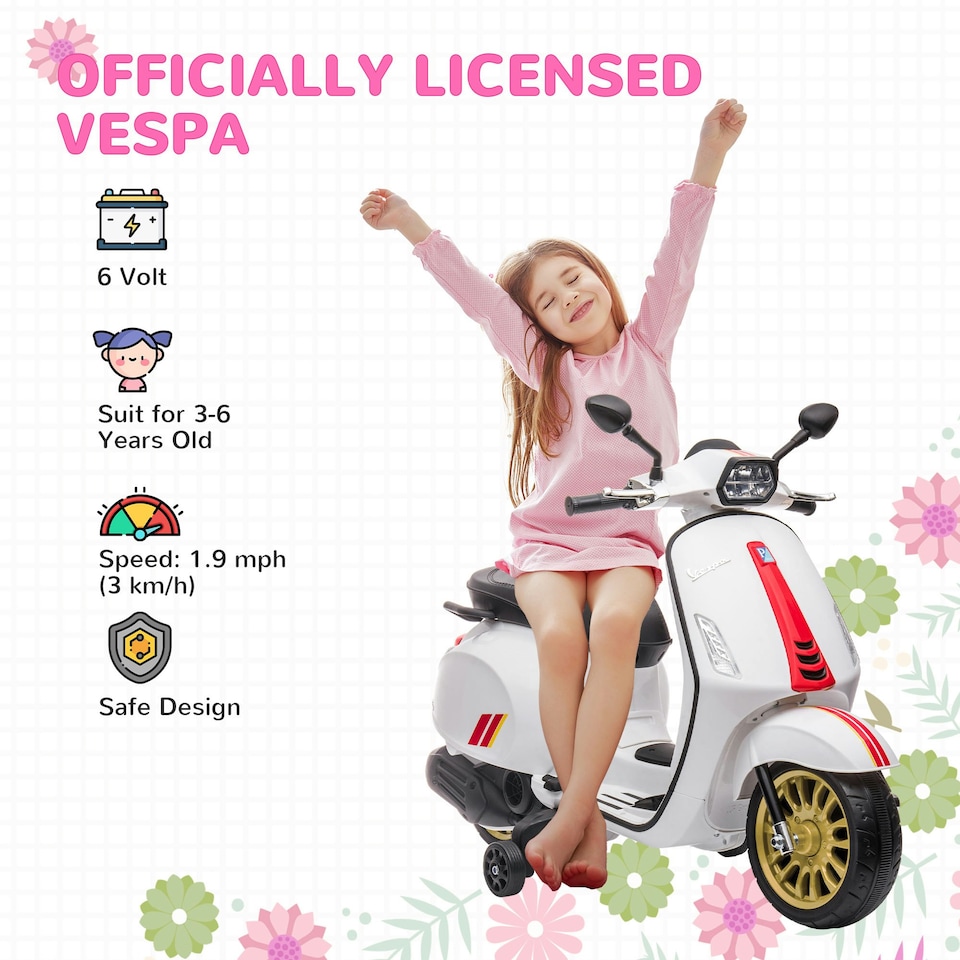 image 1 of AIYAPLAY Vespa Licensed 12V Kids Electric Bike w/ 2 Training Wheels, White