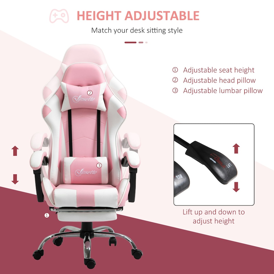 image 1 of Vinsetto Racing Gaming Chair w/ Lumbar Support, Office Gamer Chair, Pink