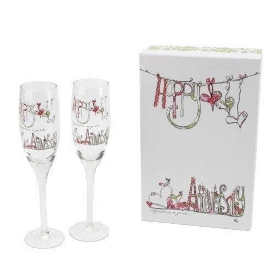 image 1 of Tracey Russell Happy Anniversary Pair of Wedding Champagne Flutes Glasses in Gift Box