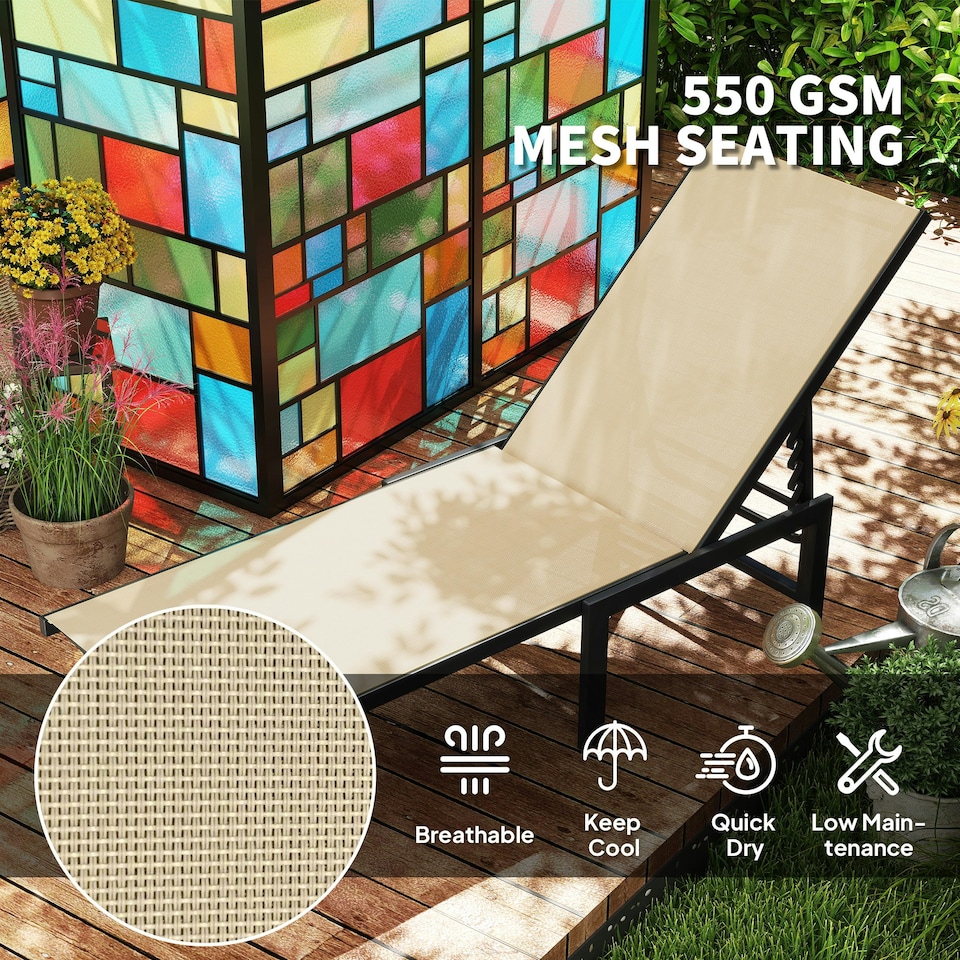 image 1 of Outsunny Sun Loungers Set of 2, 5-Level Reclining Sunbeds, Khaki Cream | Khaki