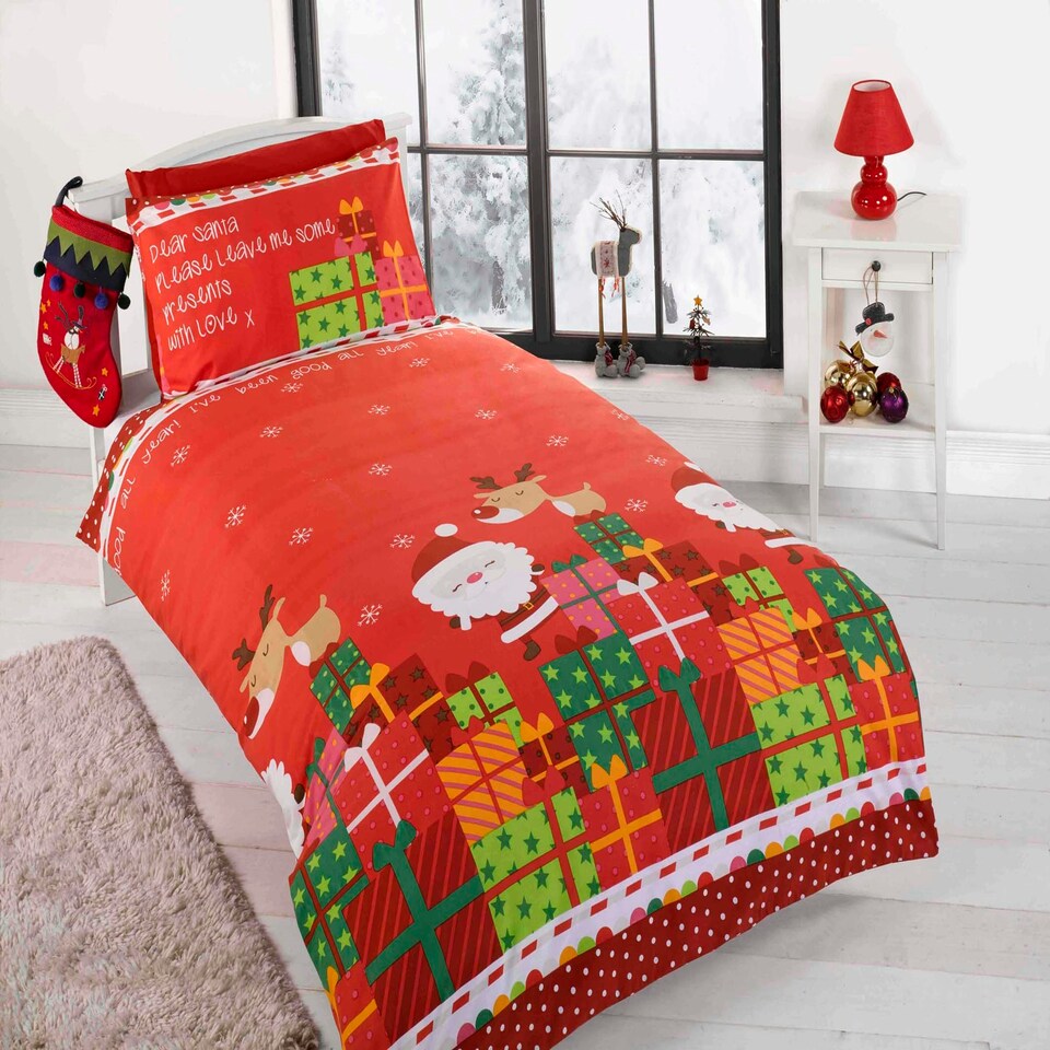 image 1 of Dear Santa Christmas Polycotton Kids Duvet Cover Set With Pillowcase Red | One Size