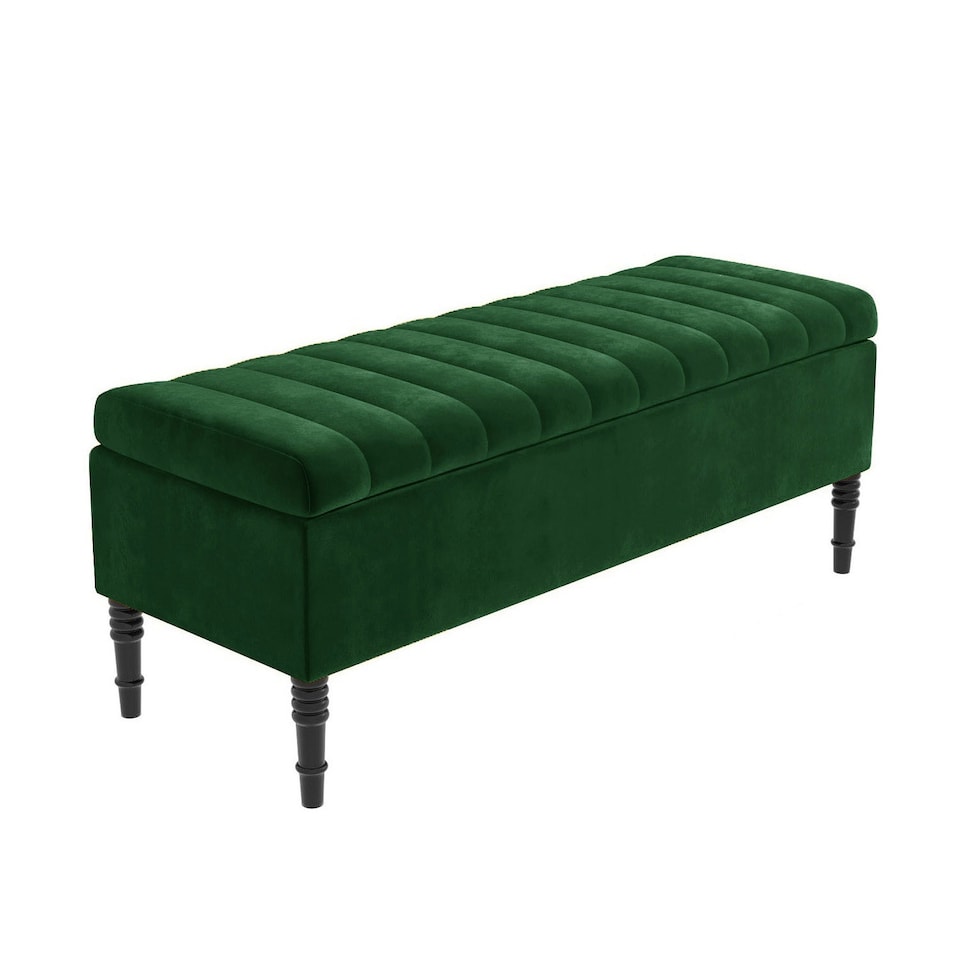 image 1 of 137cm Paris Striped Ottoman Storage Bench- Plush Velvet Shoe Bench - Forest Green Upholstery Footstool with Storage