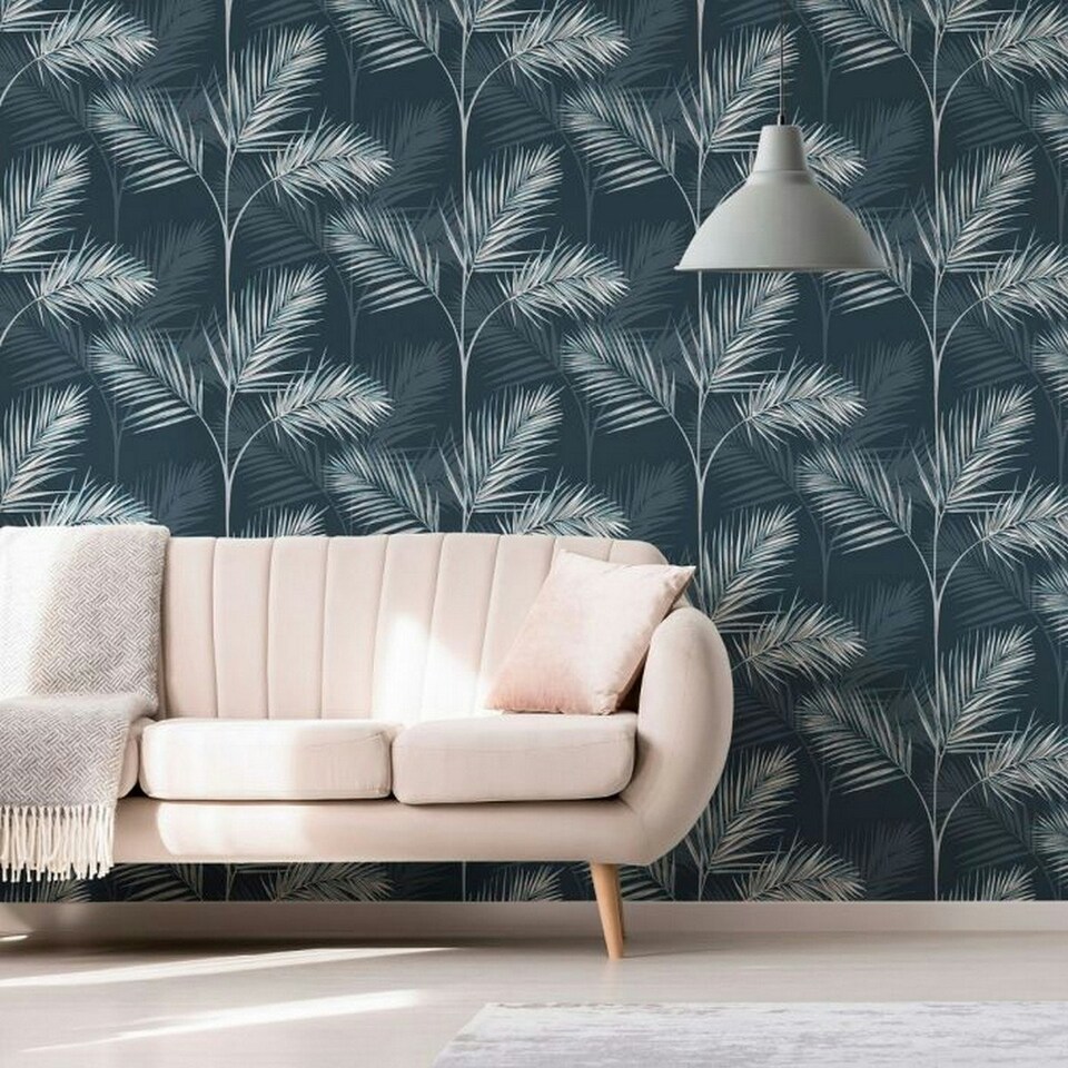 image 1 of Fine Decor South Beach Palm Leaf Wallpaper - Navy Blue - One Size Blue