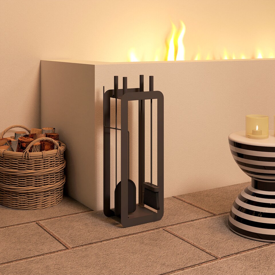 image 1 of Outsunny 5 Pieces Fireplace Companion Set, Metal Fireplace Accessories Fireside Companion Set with Brush, Shovel, Poker, A Pair of Tongs, Stand, Black