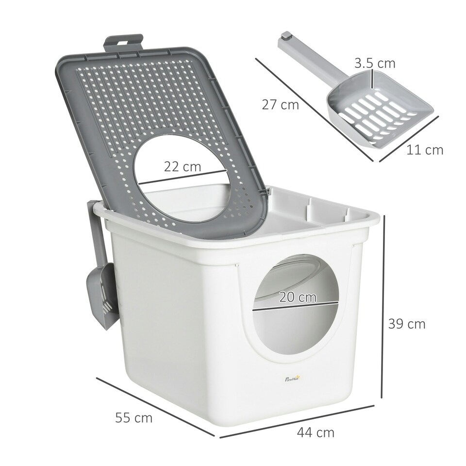 image 1 of PawHut Cat Litter Tray Pet Litter Box w/ Front Entrance, Top Exit, Scoop - White