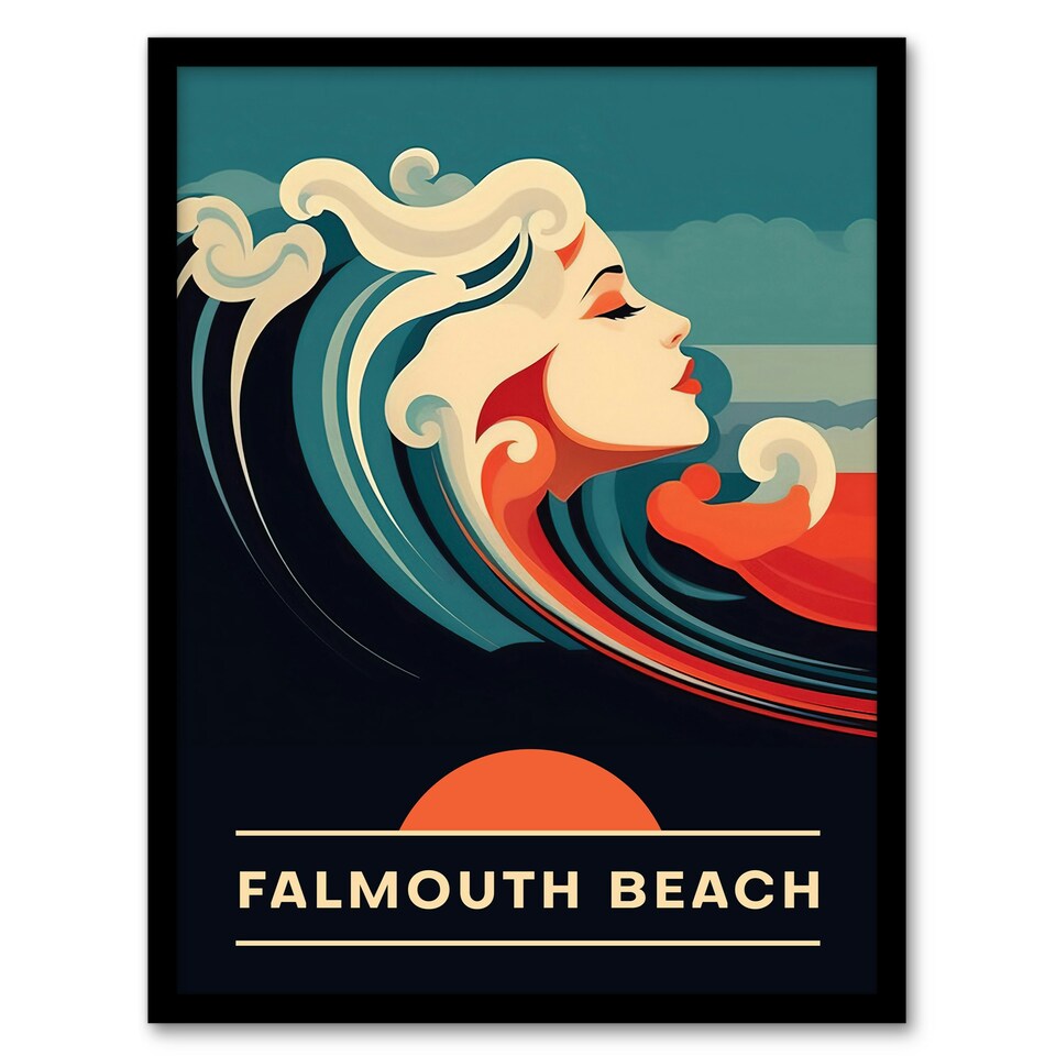 image 1 of Falmouth Beach England Uk Sunset Woman Waves Black Framed Wall Art Print A4