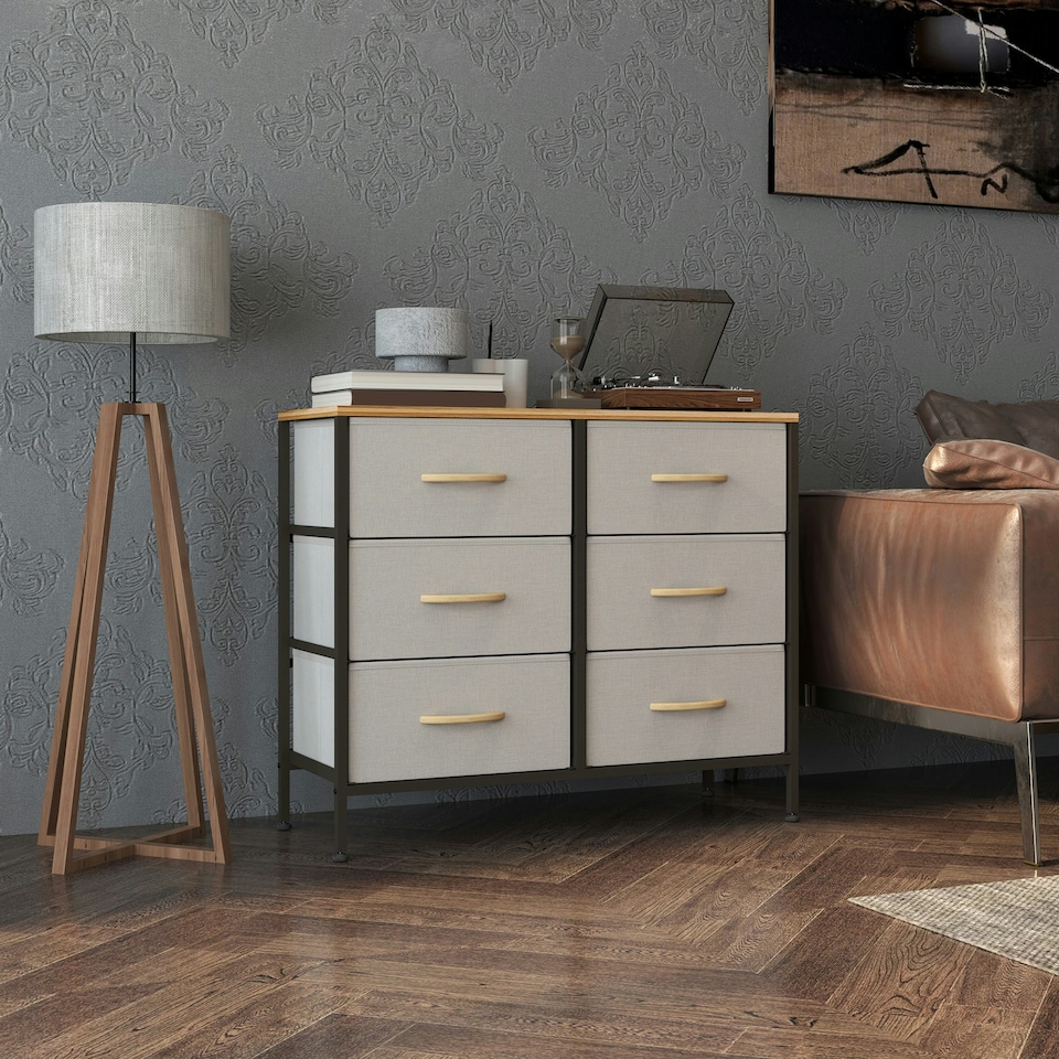 image 1 of HOMCOM 6 Drawer Fabric Chest of Drawers w/ Wooden Top for Hallway Cream Cream