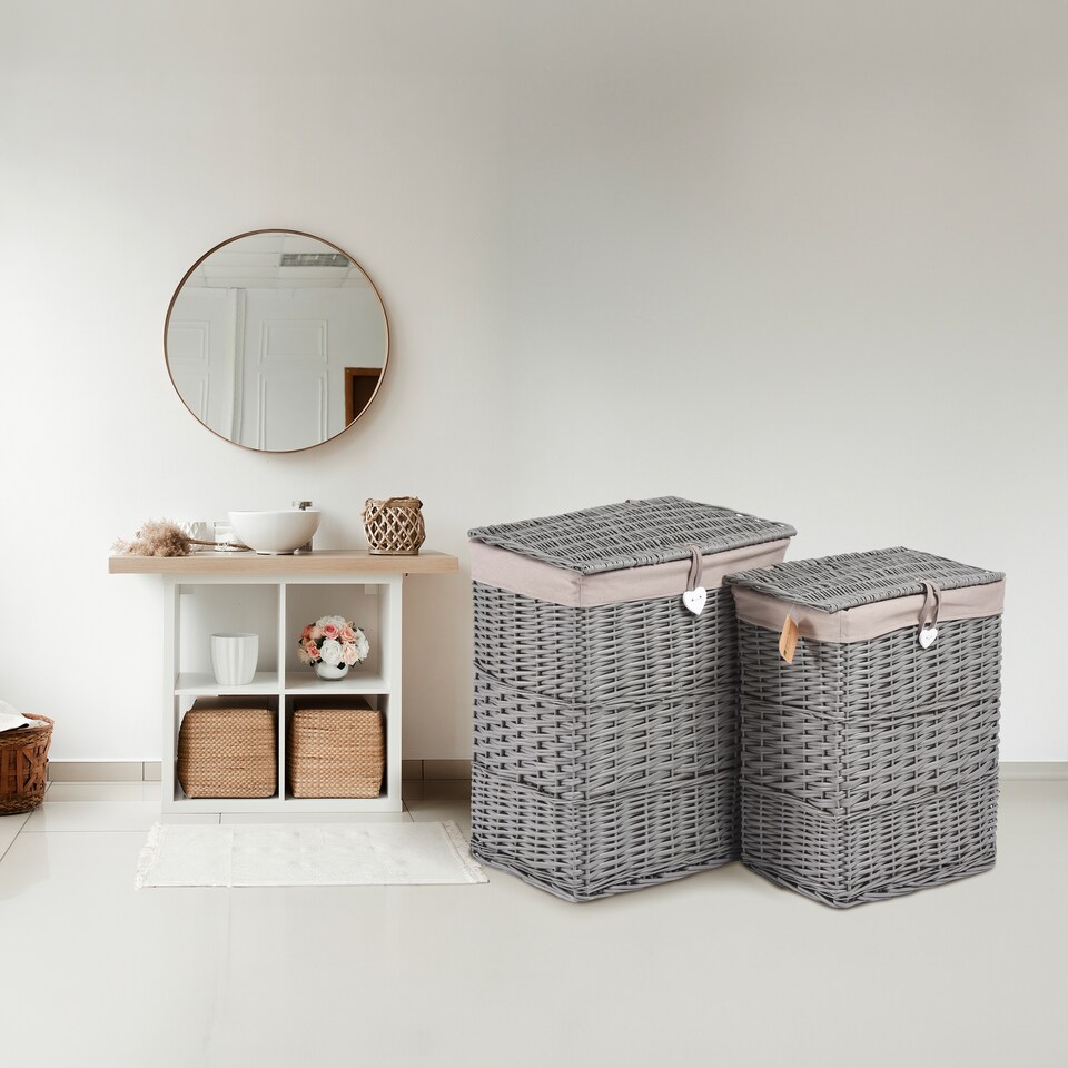 image 1 of Premium Grey Paint Wicker Laundry Basket Cotton Lining With Lid Bathroom Storage (Grey, Set)