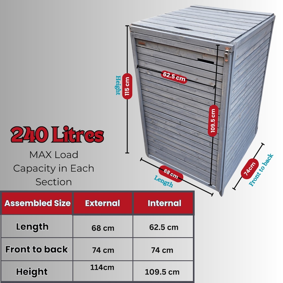 image 1 of 68cm x 1.14m Grey Wooden Outdoor Garden Wheelie Bin Store Storage for 1 Bin
