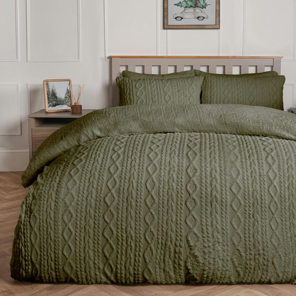 image 1 of OHS Ultra Soft Cable Knit Sherpa Fleece Duvet Set Green | Woodland Green | King