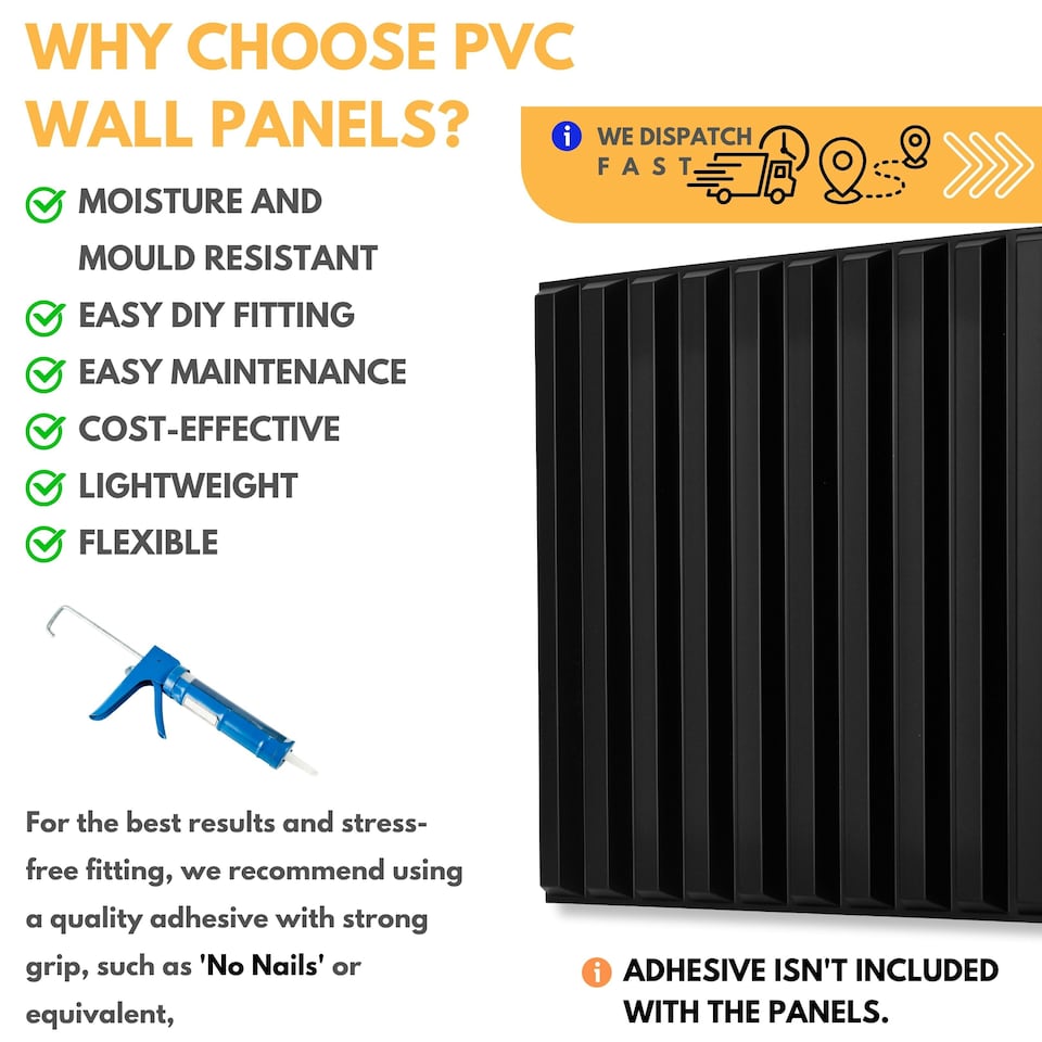 image 1 of NOVECRAFTO Fluted Line 3D Wall Panels – 6 Sheets 1.5 sqm (16.15 sqft) – Decorative Matte PVC Panels 50x50cm – Modern Fluted Design | Black