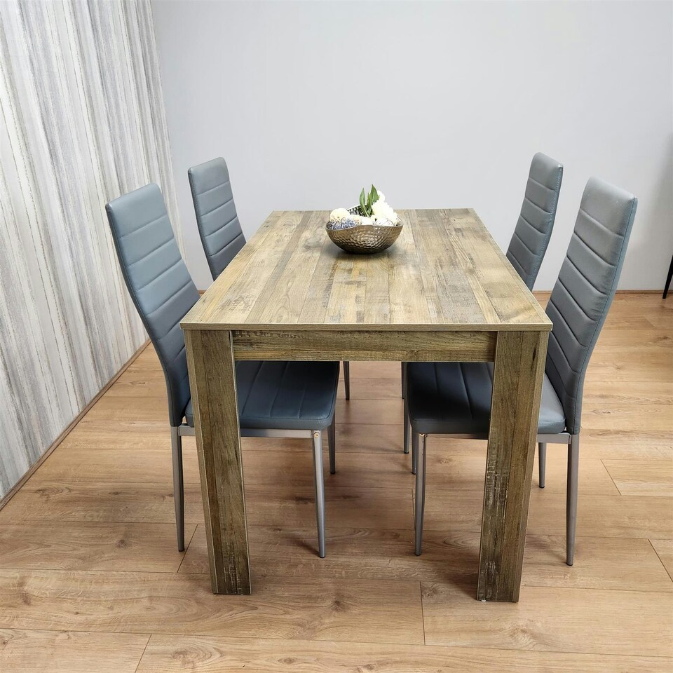 image 1 of Dining Table and 4 Chairs Rustic Effect Wood Table 4 Grey Leather Chairs Dining Room Brown