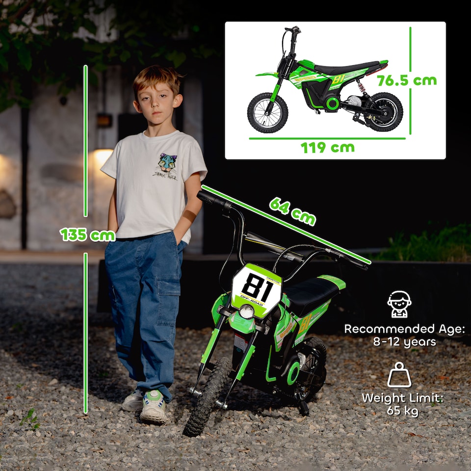 image 1 of AIYAPLAY Kids Electric Motorbike, 24V Battery Powered Dirt Bike with 250W Motor, 6-16km/h, 7AH Batteries, 12" Inflatable Tires and Rear Suspension, Ride On Motorcycle for 8-12 Years Old | Green
