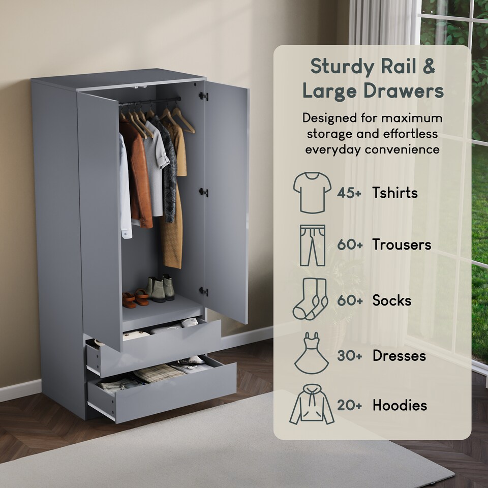 image 1 of Vida Designs Glinton 2 Door 2 Drawer Wardrobe With Clothes Rail, Grey
