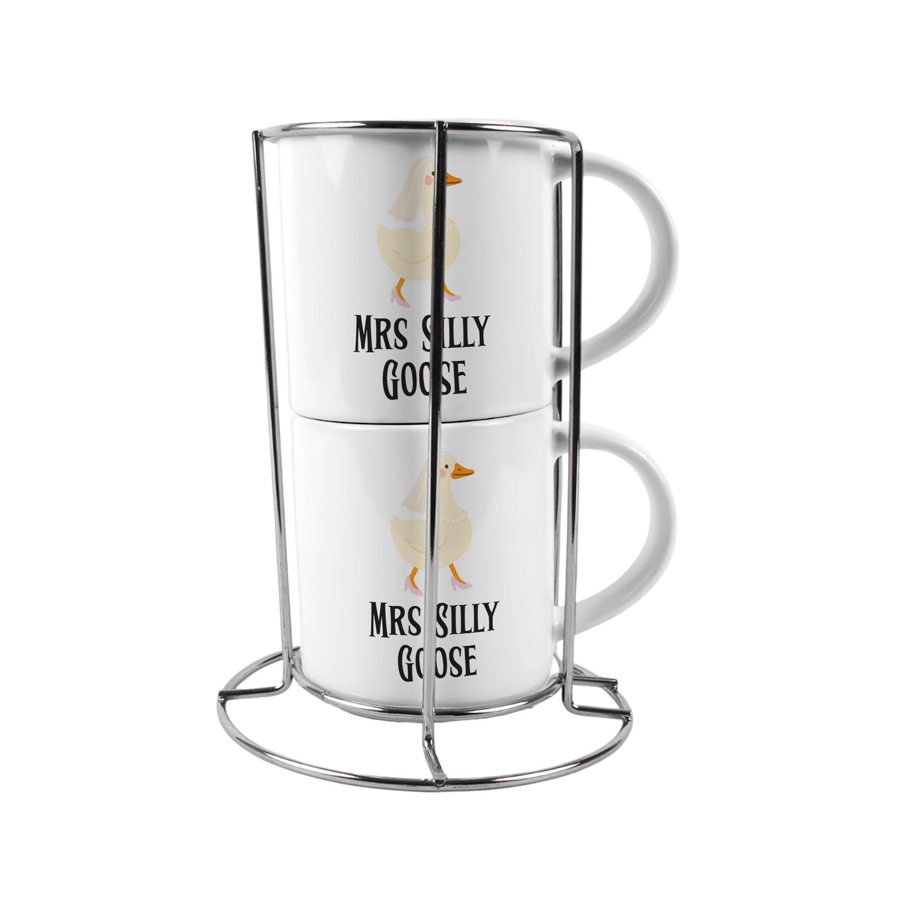 Mrs & Mrs Stacking Mugs Set - Silly Goose Novelty Gifts for Couples Ceramic Cups Set of 2 with Metal Stand White