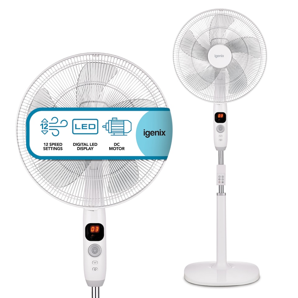 image 1 of Igenix DF1670 Digital Pedestal Fan, 16 Inch, Ultra Quiet, 12 speeds LED Display, White