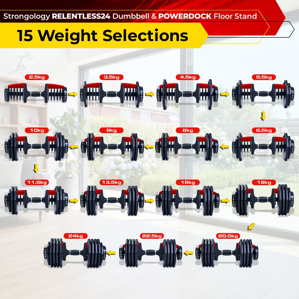 image 1 of Strongology RELENTLESS24 Adjustable Dumbbell Pair (2.5-24kg) and POWERDOCK Stand 15-in-1 Quick-Select Weights Home Gym Bundle