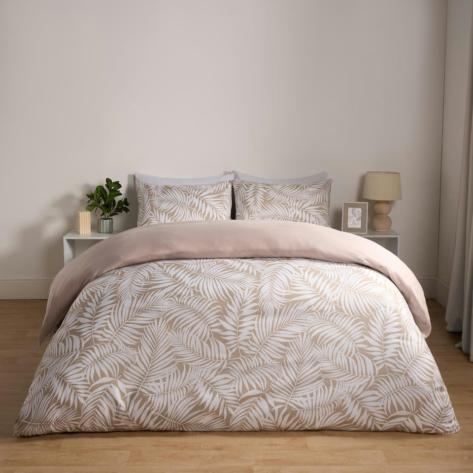 image 1 of OHS Tropical Leaf Print Reversible Plain Duvet Quilt Cover Bedding Set, King - Natural/White