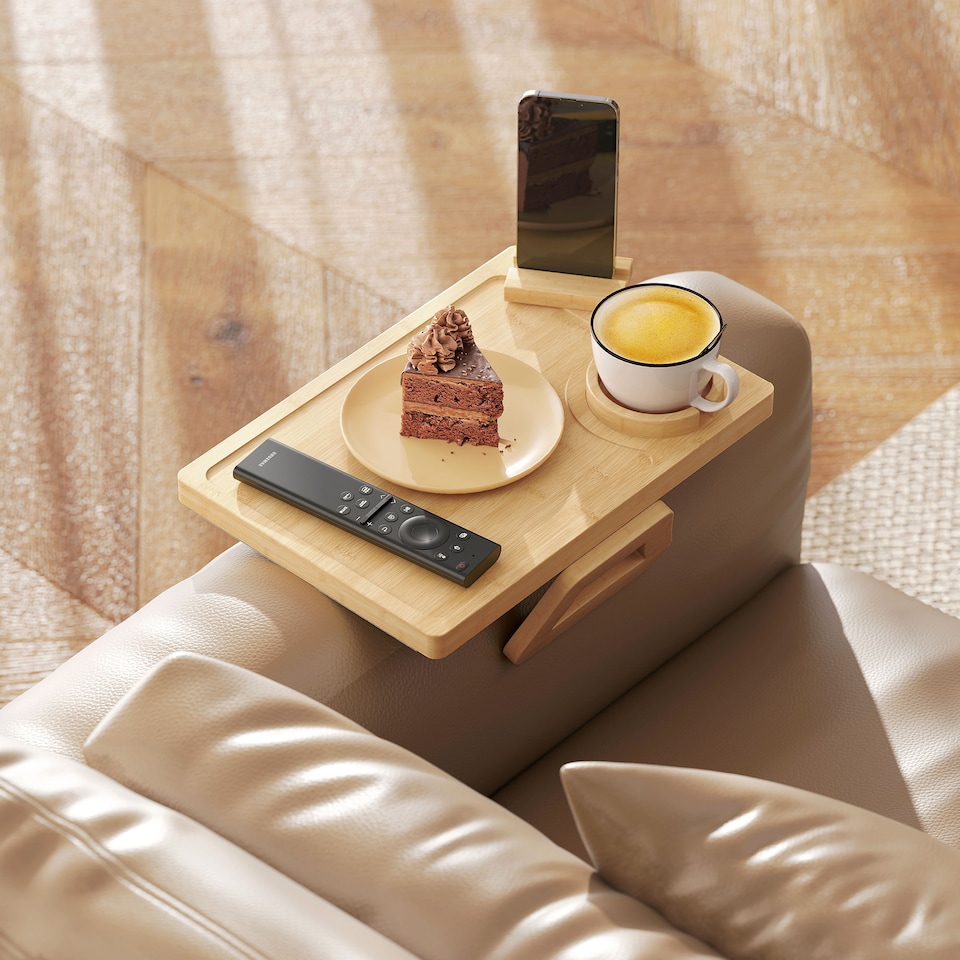 image 1 of HOMCOM Anti-Slip Sofa Armrest Tray with Phone and Cup Holder, Natural