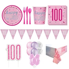 Pink Glitz 100th Birthday 16 Person Deluxe Party Pack