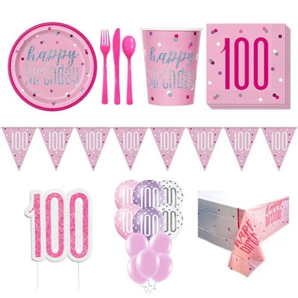Pink Glitz 100th Birthday 16 Person Deluxe Party Pack