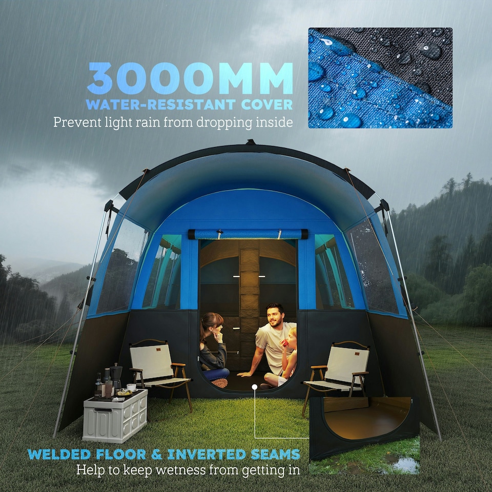 image 1 of Outsunny 8-Person Camping Tent Tunnel Design with 4 Large Windows Blue | Blue