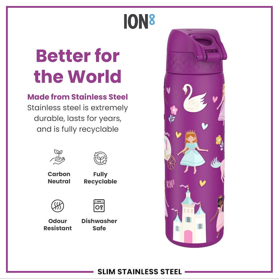 image 1 of Leak Proof Slim Water Bottle, Stainless Steel, 600ml (20oz) | Purple | Princess | One Size