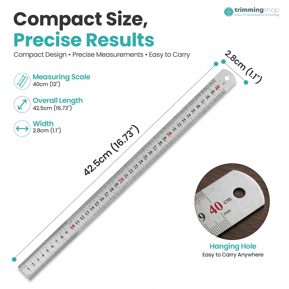 image 1 of Stainless Steel Ruler, 2-Side Measuring Steel Ruler CM & Inches - 40cm
