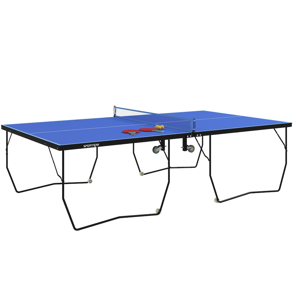 image 1 of SPORTNOW 9ft Folding Table Tennis Table, Portable FullSize Tennis Table with Eight Wheels, Two Bats, Three Balls, Blue