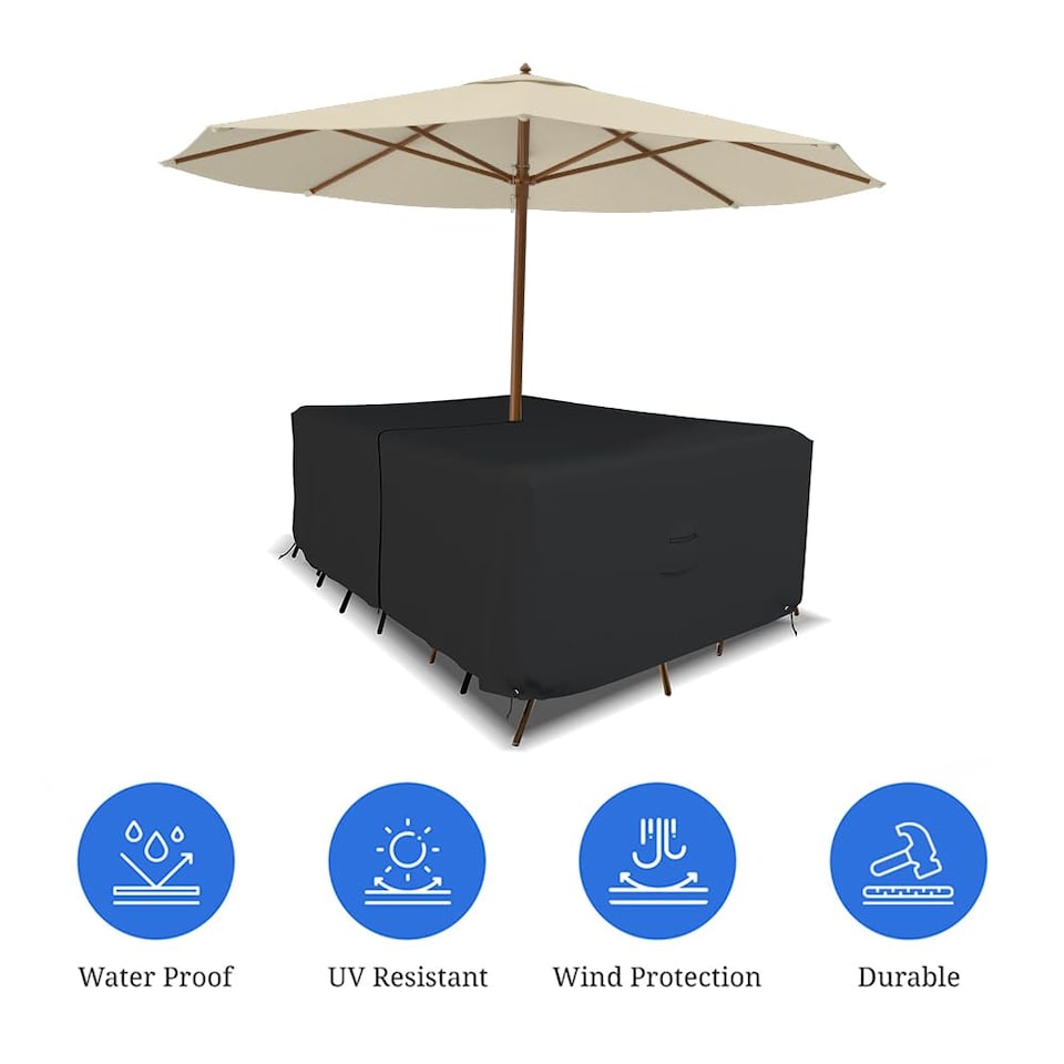 image 1 of Covers&All Rectangle Table & Chair Set Cover, Umbrella Hole, 12 Oz Waterproof UV & Weather Resistant, 108 in L x 82 in W x 23 in H, Black