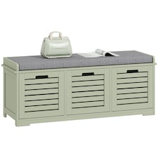 HOMCOM Shoe Bench, Linen-look Shoe Storage Bench with 3 Drawers, Removable Seat Cushion and Slatted Doors for Hallway Entryway, Green | Green