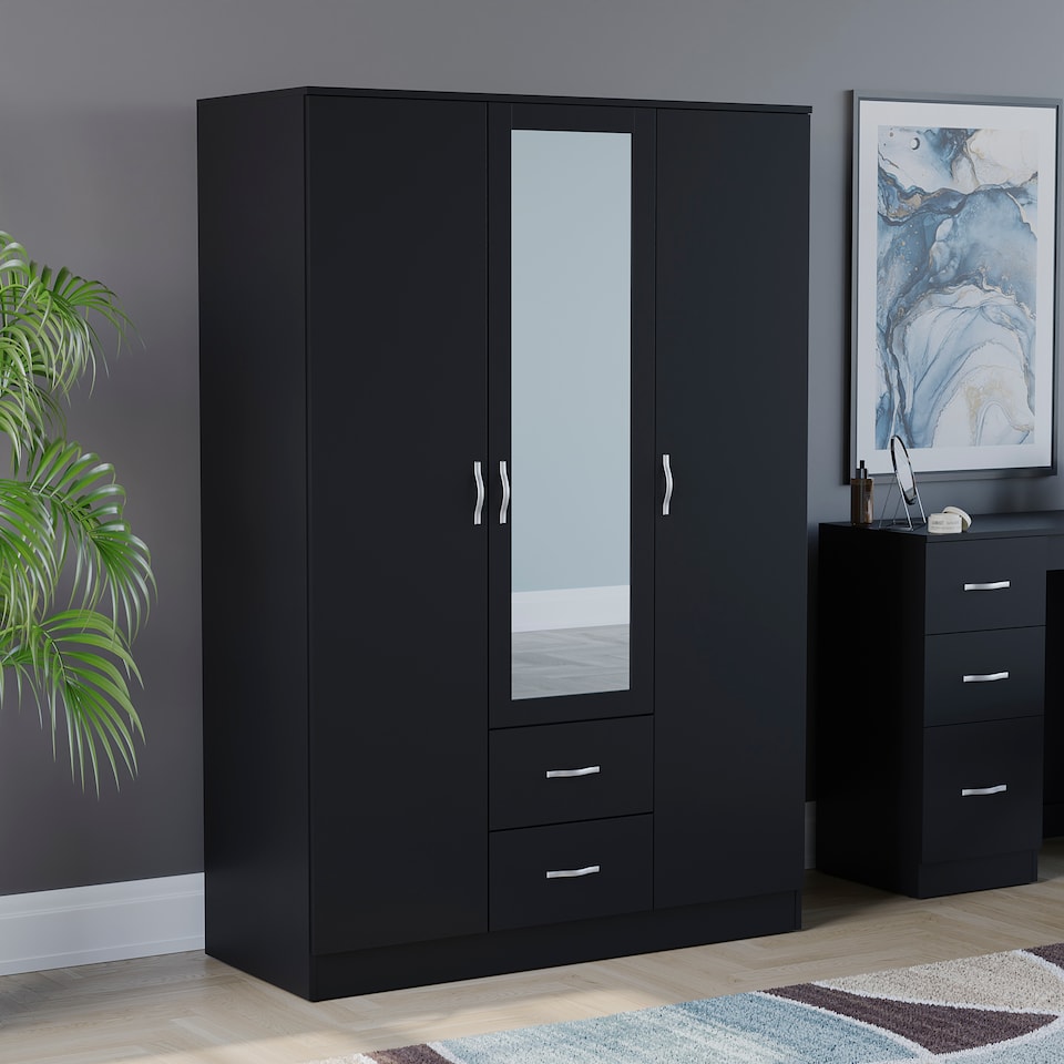 image 1 of Vida Designs Riano 3 Door 2 Drawer Mirrored Wardrobe With Shelf & Clothes Rail, Black