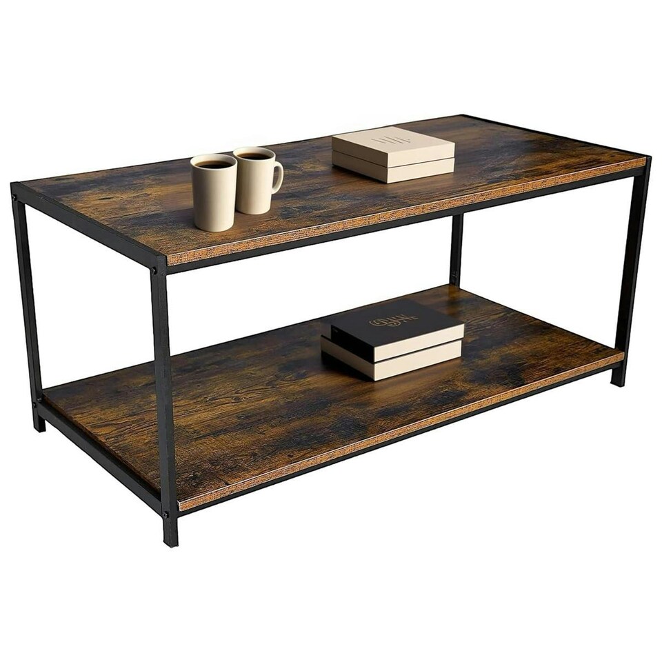image 1 of Coffee Table Rustic Wooden Brown Grain Finish Living Room Storage Shelf 2 Tier Brown