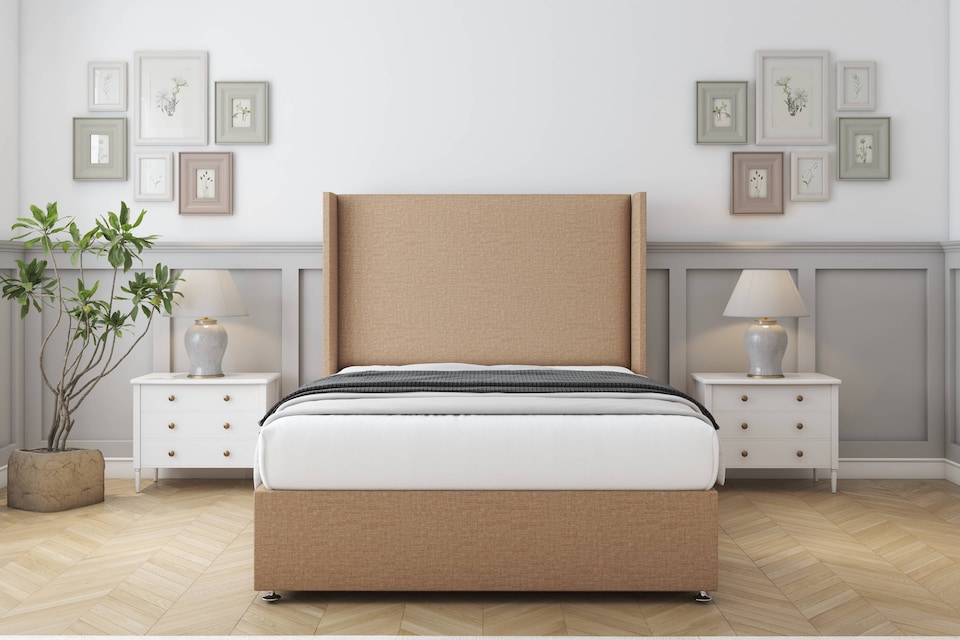image 1 of Sloomy Devonshire Latte Dumfries Divan Bed With Mattress 2 Drawers Footend With 54" Wingback Headboard 4'6 Double | Brown | Latte | Double | 1