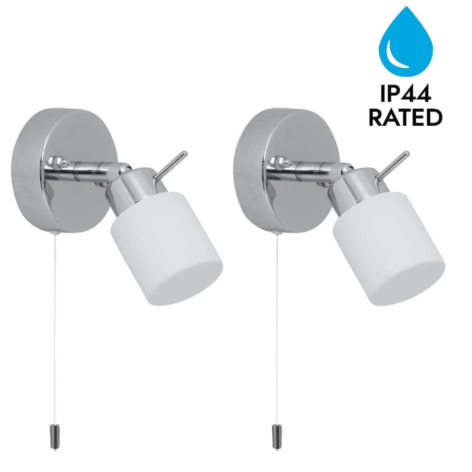 image 1 of Set of 2 Iona - Chrome Opal Glass IP44 Pull Cord Bathroom Wall Spotlights | Chrome | 2