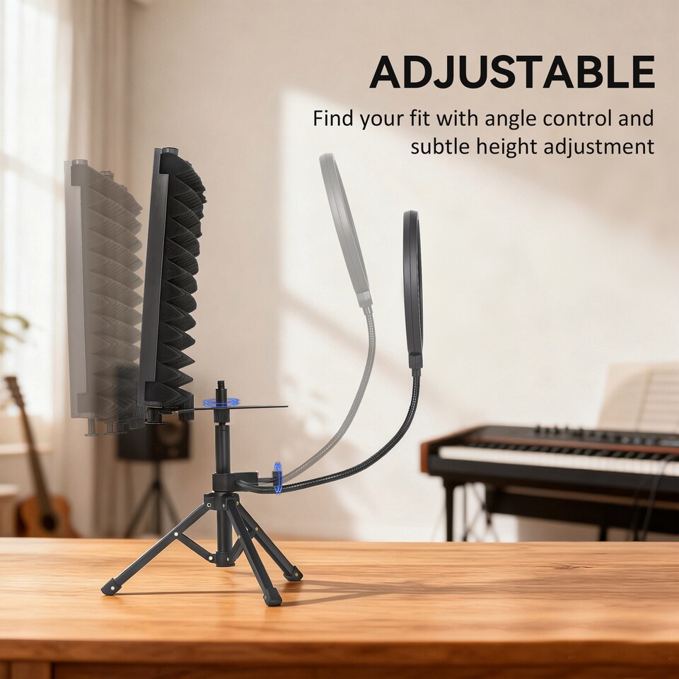 image 1 of HOMCOM Studio Microphone Isolation Shield with Pop Filter & Stand, Black