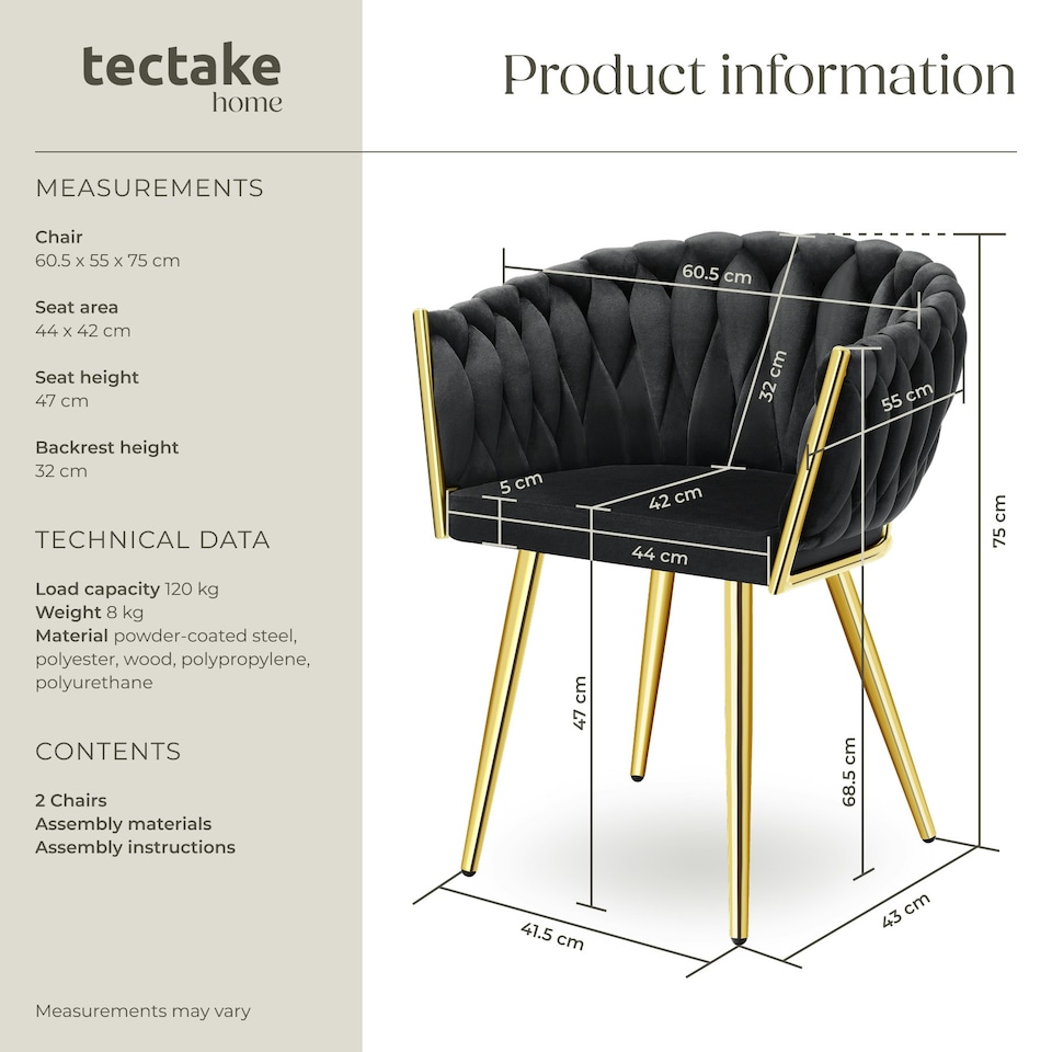 image 1 of Dining Chair Astano - padded, velvet, knot design, continuous backrest - Set of 2 Black | Black/Gold