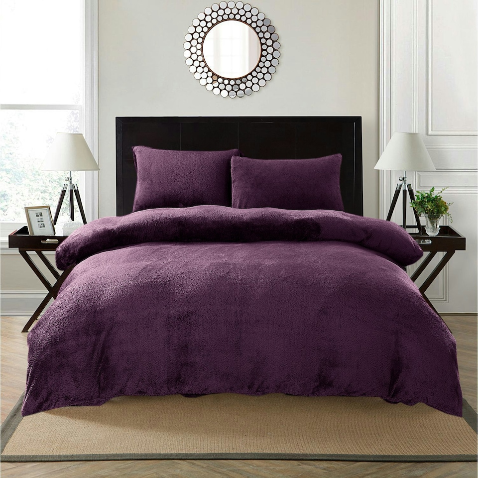 image 1 of Teddy Bear Fleece Soft Cosy Duvet Cover + Pillow Case Set Purple | Super King