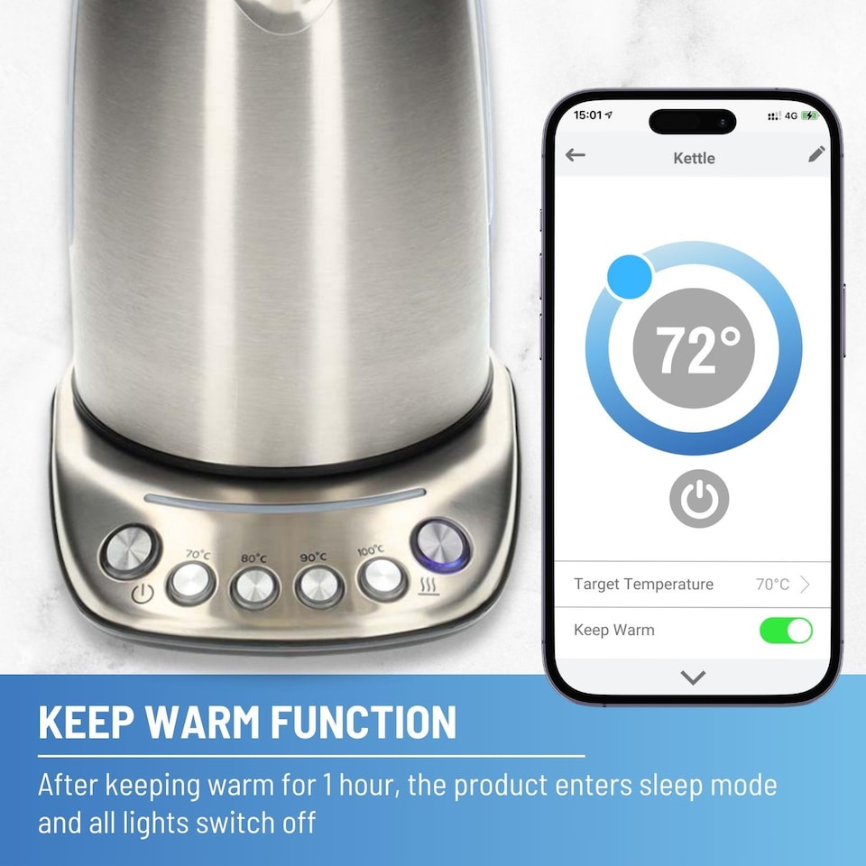 image 1 of Nedis Smart Wi-Fi Kettle, 1.7L Stainless Steel, Variable Temperature 70-100c, 2200W, App& Voice Control, Compatible with Alexa & Google