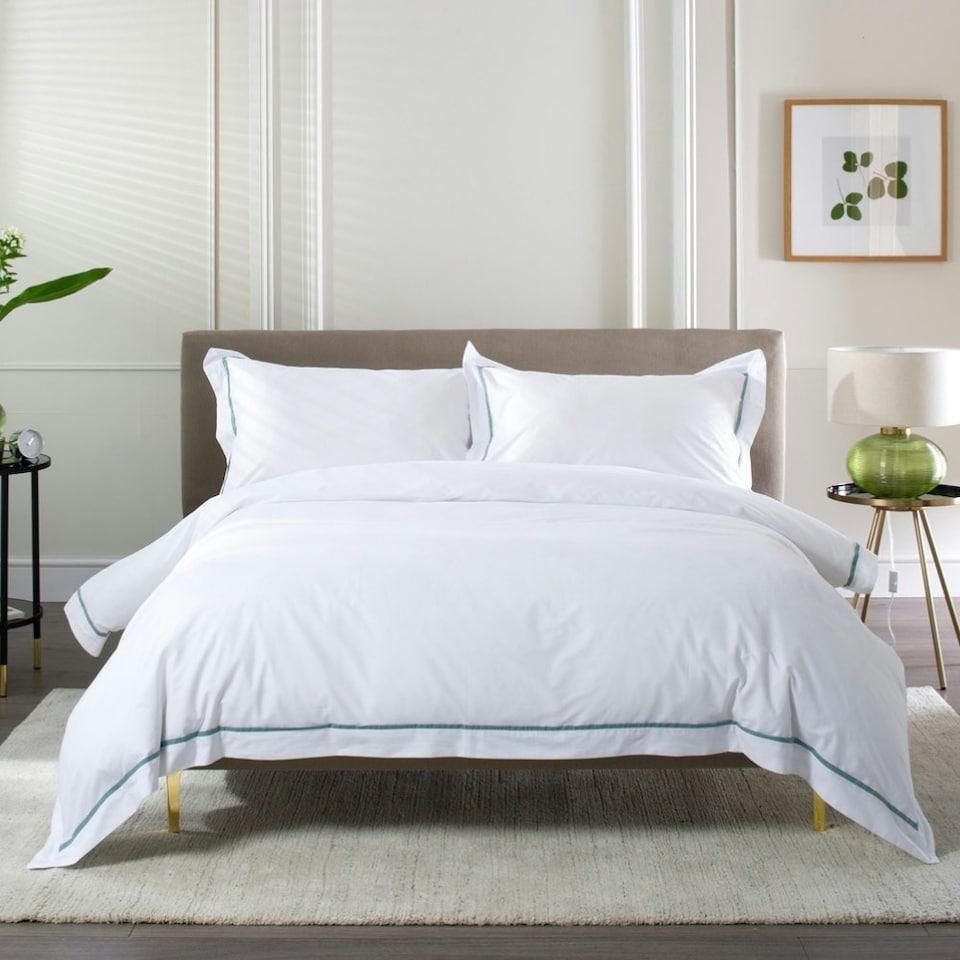 image 1 of Hampstead 100% Cotton Duvet Cover Set – 200 Thread Count with Inserted Ribbon & Oxford Pillowcases Blue | White | Super King