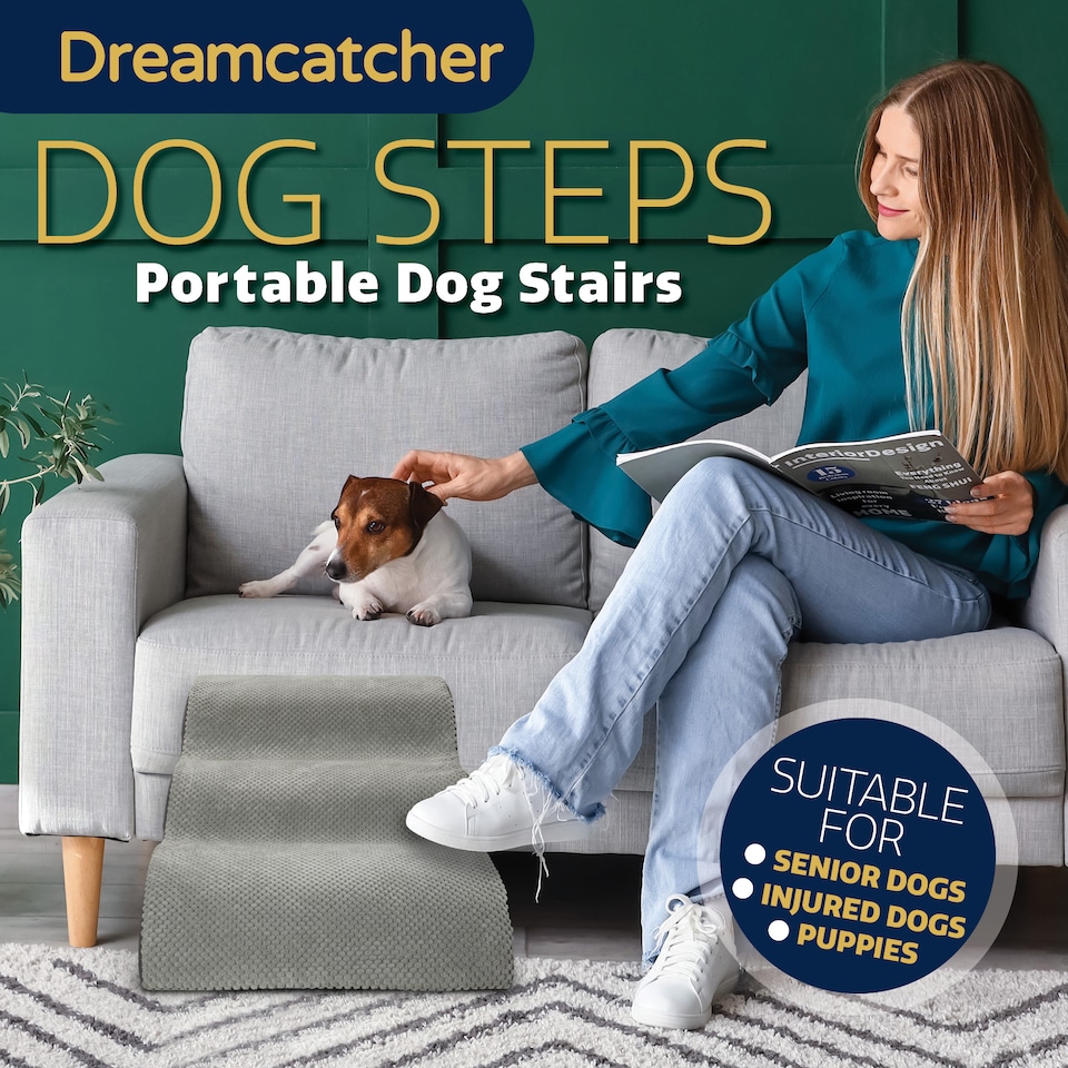 image 1 of Dreamcatcher 3 Step Dog Stairs for Bed 60x40x40cm, High Density Foam Ramp | Grey | Grey | 3 Step Dog Stairs | 1
