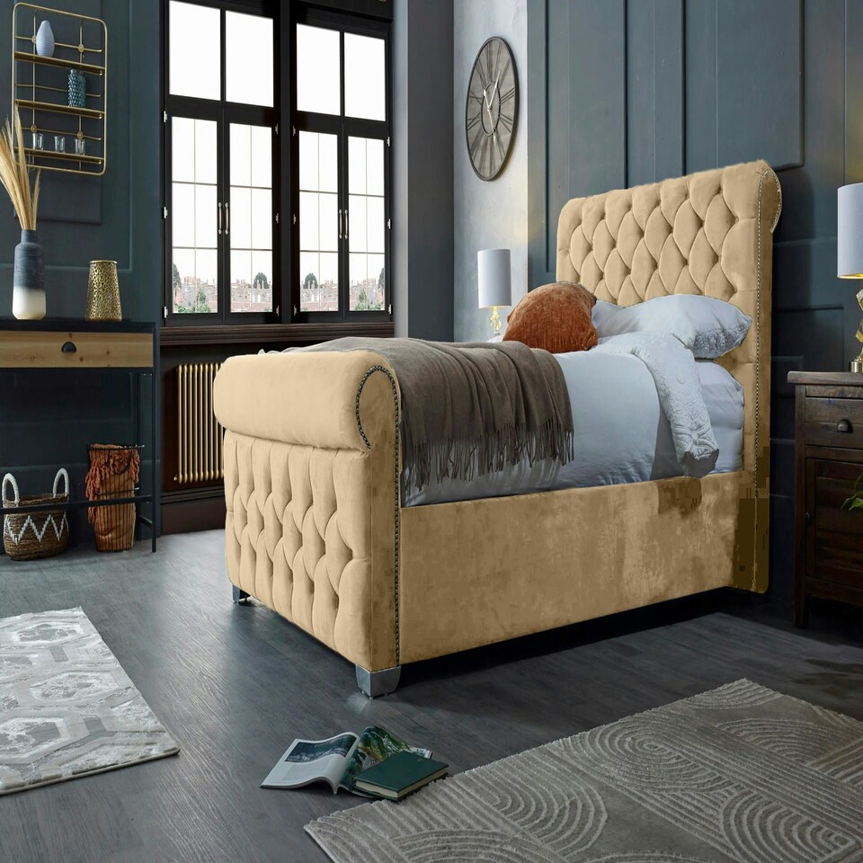 image 1 of Veneta Plush Beige Double Bed Frame - Beige