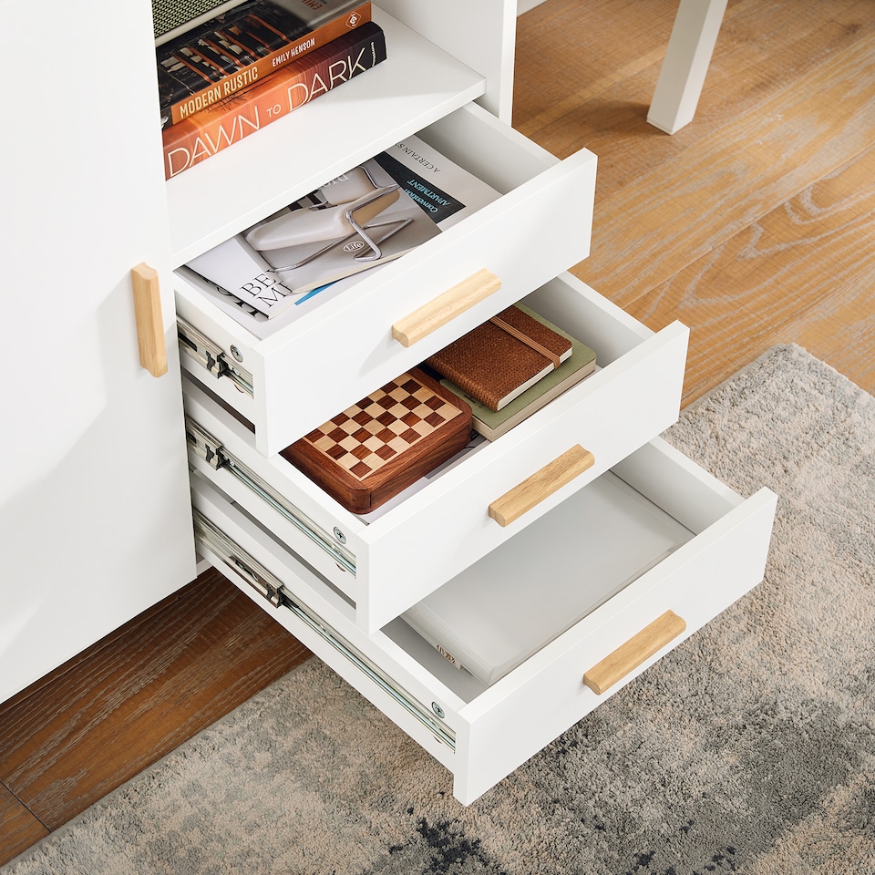 image 1 of SoBuy Printer Stand Under Desk Storage Cabinet with Open Shelf and 3 Drawers, White & Natural Wood, 35.4x17.7x29.5 in, 45.1 kg - ASK07-WN