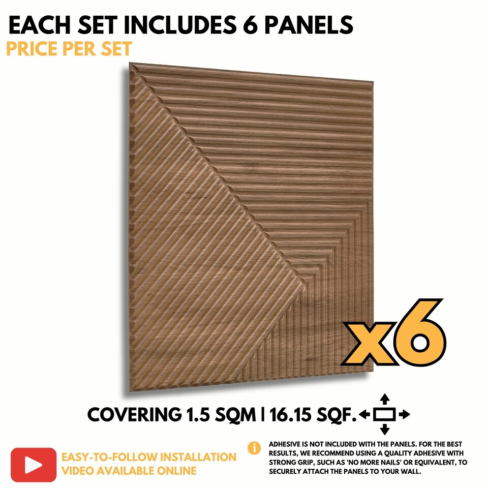 image 1 of NOVECRAFTO Chevron Line 3D Wall Panels – 6 Sheets Covering 1.5 sqm (16.15 sqft) – Decorative PVC Cladding Tiles 50x50cm – Matte Wood & Black Design Wooden