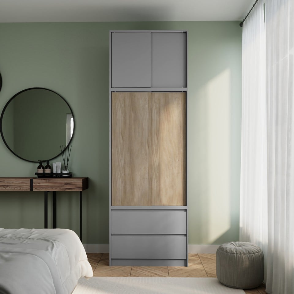 image 1 of 240cm 2 Sliding Doors Wardrobe Bedroom Storage Closet Hanging Rail Cupboard Unit | Multi | Grey Carcass & Oak Doors | 1