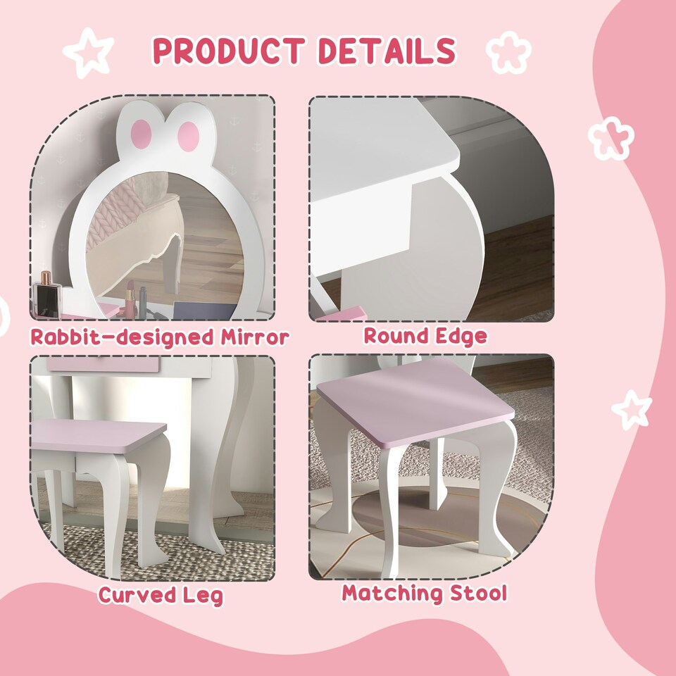 image 1 of ZONEKIZ Kids Dressing Table with Mirror and Stool, Drawer, Storage Shelf - White White