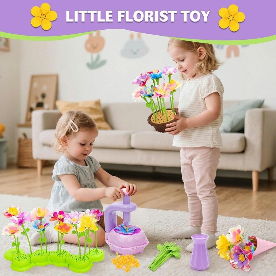 image 1 of DIY Flower Bouquet Craft Kit for Kids – Decorate with Press Machine, Colorful Petals, Basket & Vase