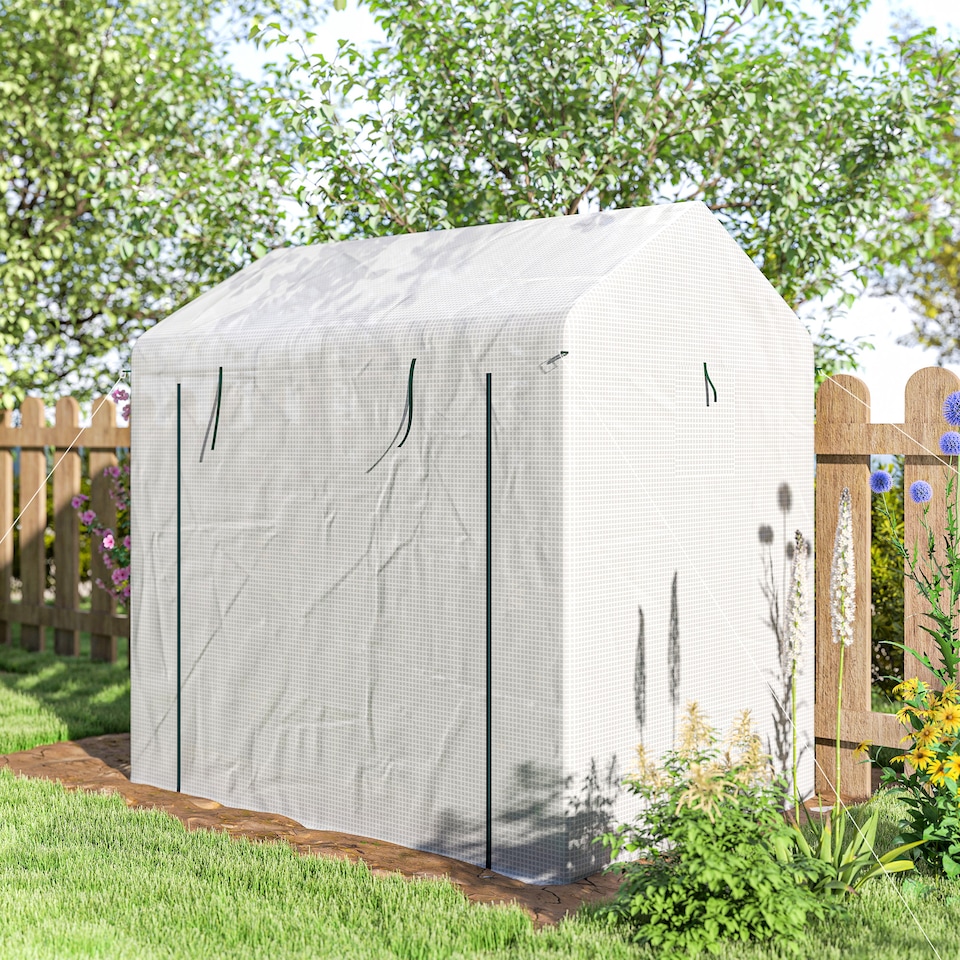 image 1 of Outsunny Walk-in Greenhouse, Green House with Mesh Windows, White | White | White
