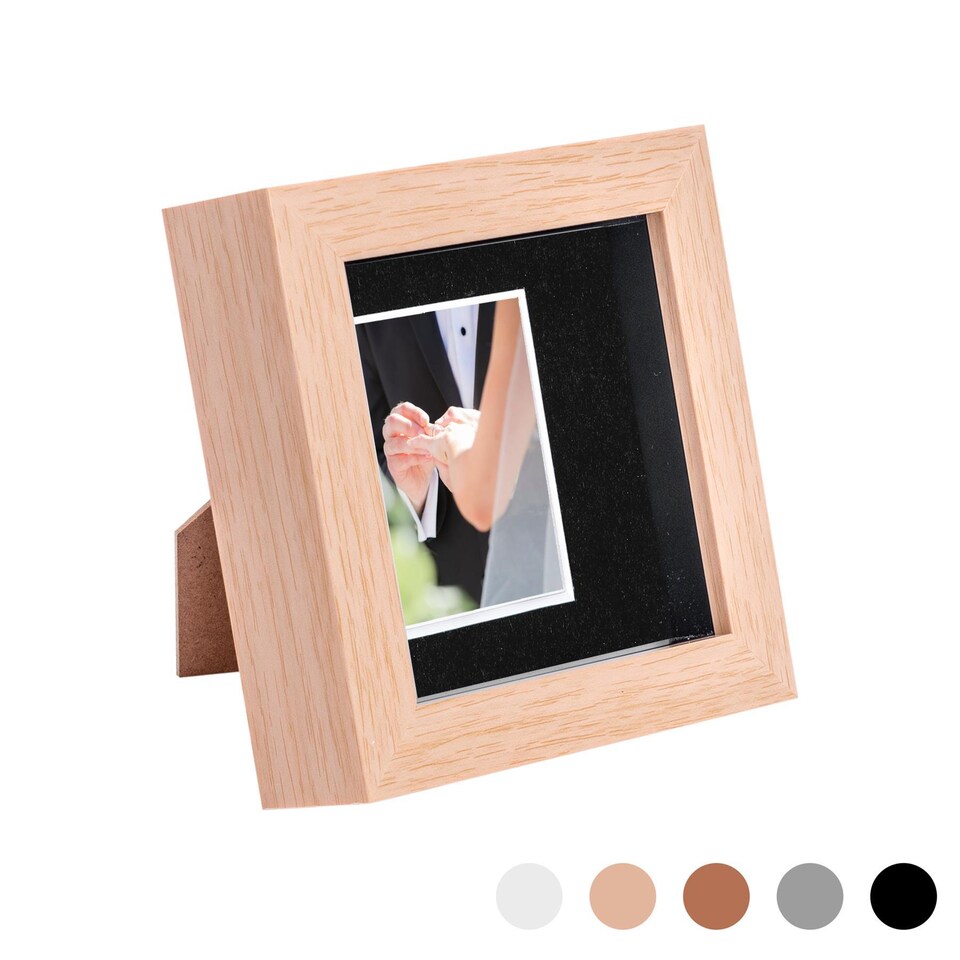 image 1 of Nicola Spring 4 x 4" Photo Frame - Light Wood/Black Mount - 3D Photo Frame Picture Frame Box Portrait Display Case (12.5 x 12.5cm)