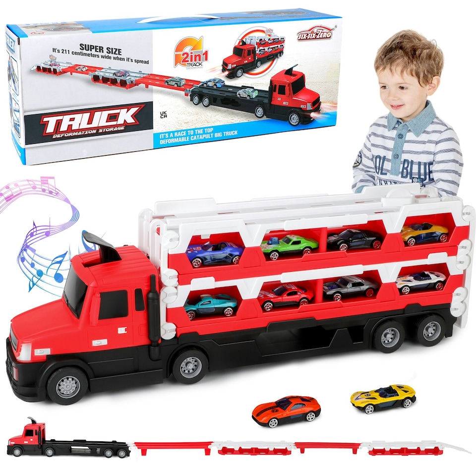image 1 of 2-in-1 Alloy Car Transport Truck Toy Set with Foldable Catapult Race Track and 10 Mini Cars – Interactive Lights & Music